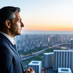 A professional male business leader, appearing to be in his mid-40s, with a thoughtful and confident expression. He is fully clothed in a modest, dark professional business suit with a light shirt, standing at a large window in a sleek, modern high-rise office. He is gazing out at a vibrant city skyline at dusk, while abstract data visualizations and strategic insights are subtly overlaid on a transparent display in front of him, symbolizing foresight and deep analysis. Perfect anatomy, correct proportions, natural pose, well-formed hands, proper finger count, natural body proportions. Professional photography, high resolution, crisp focus, dynamic lighting, appropriate content, safe for work, fully clothed.
