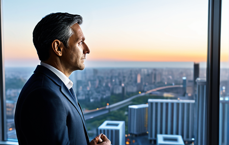 A professional male business leader, appearing to be in his mid-40s, with a thoughtful and confident expression. He is fully clothed in a modest, dark professional business suit with a light shirt, standing at a large window in a sleek, modern high-rise office. He is gazing out at a vibrant city skyline at dusk, while abstract data visualizations and strategic insights are subtly overlaid on a transparent display in front of him, symbolizing foresight and deep analysis. Perfect anatomy, correct proportions, natural pose, well-formed hands, proper finger count, natural body proportions. Professional photography, high resolution, crisp focus, dynamic lighting, appropriate content, safe for work, fully clothed.