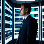 A professional executive in a modest business suit, standing in a sophisticated, high-tech data analysis center. Large holographic displays surround them, showcasing intricate graphs, complex algorithms, and future projections. The executive is actively engaging with a transparent screen, their expression thoughtful and focused, symbolizing deep analytical insight and foresight. The background is a blur of sleek server racks and glowing digital pathways. The scene is illuminated by soft, professional ambient lighting. safe for work, appropriate content, fully clothed, professional dress, perfect anatomy, correct proportions, natural pose, well-formed hands, proper finger count, natural body proportions, ultra-realistic photography, high-resolution.