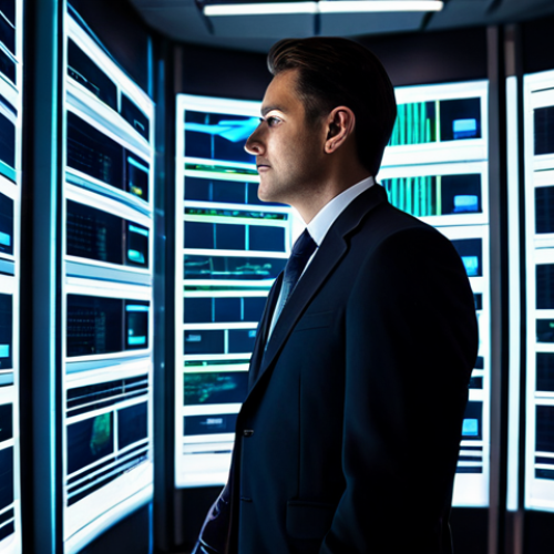 A professional executive in a modest business suit, standing in a sophisticated, high-tech data analysis center. Large holographic displays surround them, showcasing intricate graphs, complex algorithms, and future projections. The executive is actively engaging with a transparent screen, their expression thoughtful and focused, symbolizing deep analytical insight and foresight. The background is a blur of sleek server racks and glowing digital pathways. The scene is illuminated by soft, professional ambient lighting. safe for work, appropriate content, fully clothed, professional dress, perfect anatomy, correct proportions, natural pose, well-formed hands, proper finger count, natural body proportions, ultra-realistic photography, high-resolution.