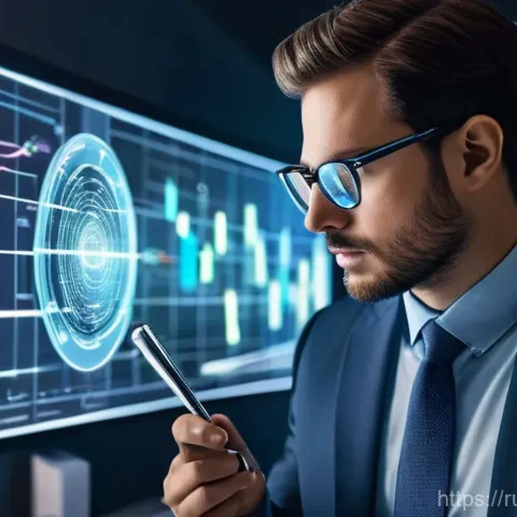 전략경영에서 사례 분석하는 법 - A focused business professional, appearing as a "business detective," intently analyzing a complex h...