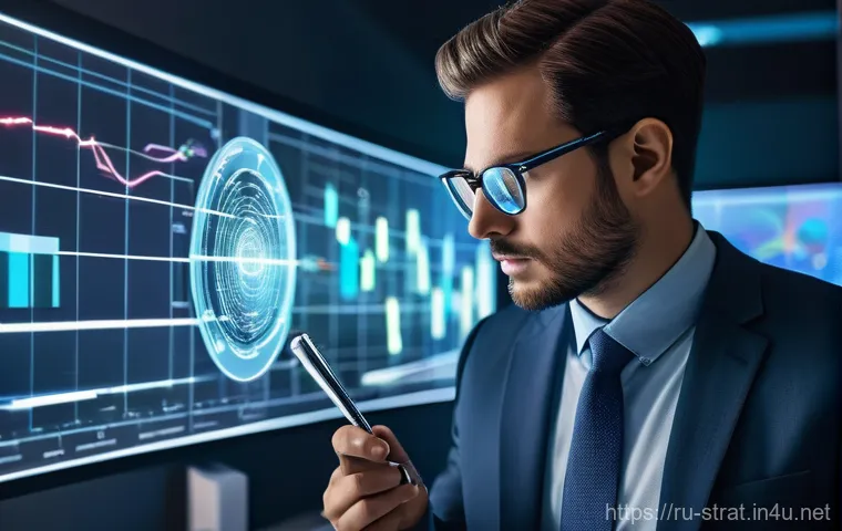 전략경영에서 사례 분석하는 법 - A focused business professional, appearing as a "business detective," intently analyzing a complex h...