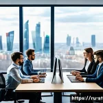Home 20 전략경영 실무 팁 - A modern corporate office scene showing a diverse team of professionals engaged in a strategic plann...