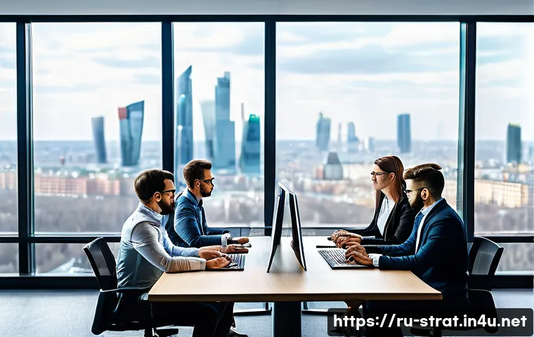 전략경영 실무 팁 - A modern corporate office scene showing a diverse team of professionals engaged in a strategic plann...