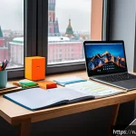 Home 18 전략경영 실기 준비물 체크리스트 - A modern, organized study workspace in a cozy apartment in Moscow, featuring a wooden desk with neat...