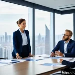 Home 23 전략경영에서 흔히 실수하는 사례 - A modern corporate office scene showing a diverse team of professionals engaged in a strategic plann...
