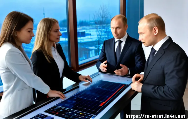 전략경영 기업 사례 연구 - Photorealistic strategic management case study scene in a modern Moscow corporate office, diverse Ru...